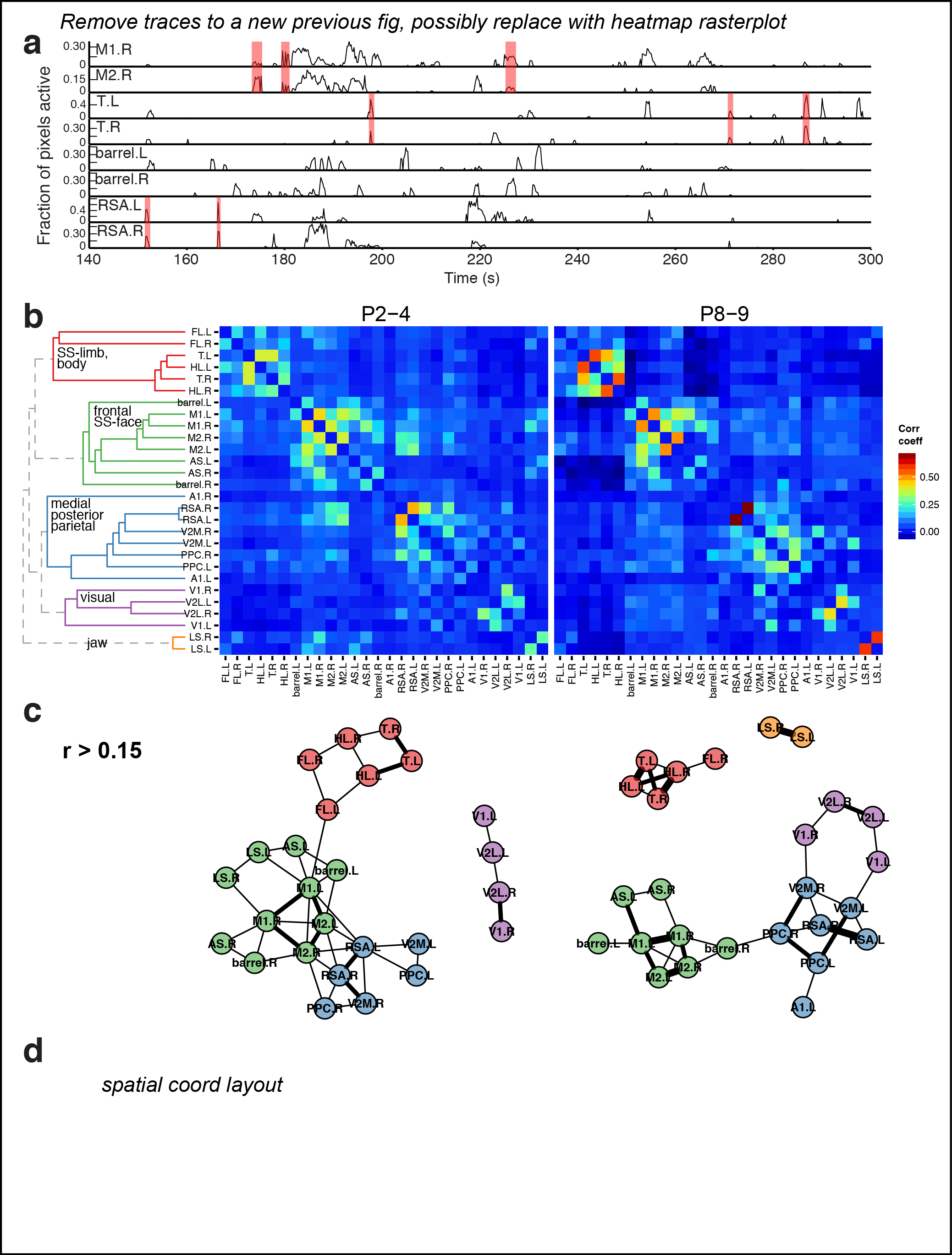 Figure 4. Subnetworks in developing isocortex. a Areal trace examples. Synchronized activations between hemispheres indicated by red links. b Correlation matrix of domain activity among cortical areas. Colormap indicates Pearson's r correlation coefficient values. c Map of cortical area associations for r > 0.2. d Graph of functional connections for r > 0.1. Community structure detected with hierarchical clustering are indicated in 4 colors. Notice that S1-limb/body regions form a distinct subgraph (green).